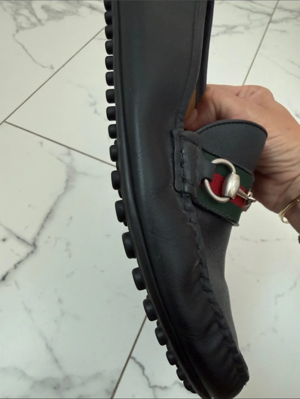 Gucci Black Leather Loafers with Red & Green Web and Silver Horsebit